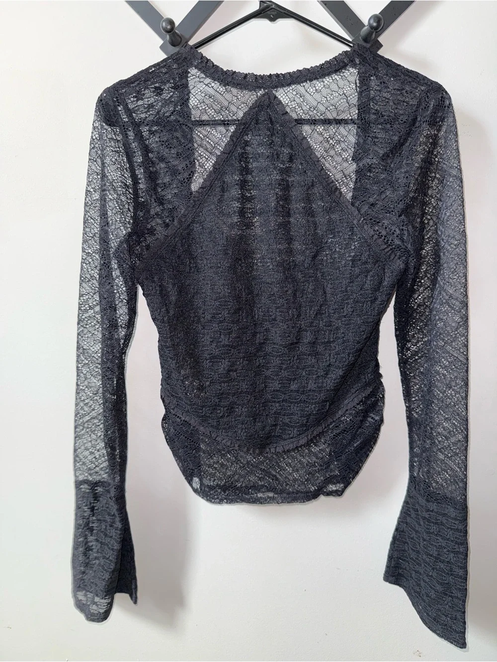 Free People Black Sheer Lace Long-Sleeve Top